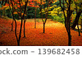 A peaceful collection of Japanese autumn landscapes featuring colorful maple trees, traditional temples, bamboo forests, and serene garden paths. These images capture the calm beauty of nature, warm 139682458