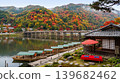 A peaceful collection of Japanese autumn landscapes featuring colorful maple trees, traditional temples, bamboo forests, and serene garden paths. These images capture the calm beauty of nature, warm 139682462