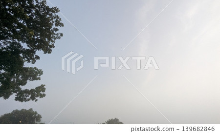 A hazy, bright sky with a subtle color gradient from pale blue to white, contrasted by dark tree foliage in the left corners. Atmospheric abstract background with large copy space. A hazy, bright sky with a subtle color gradient from pale blue to white, contrasted by dark tree foliage in the left corners. Atmospheric abstract background with large copy space. 139682846