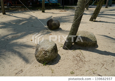 Tropical Beach with Coconut Trees and Boulders Tropical Beach with Coconut Trees and Boulders 139682937