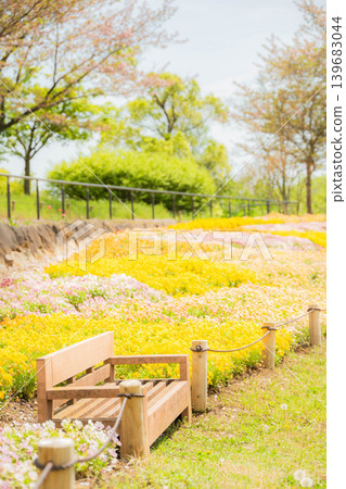 春意盎然的公園景色，有長椅和花壇。 139683044