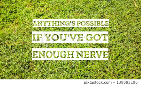 An empowering quote, ANYTHING'S POSSIBLE IF YOU'VE GOT ENOUGH NERVE, boldly displayed against a vibrant, lush green grassy background, signifying growth and potential. 139683196