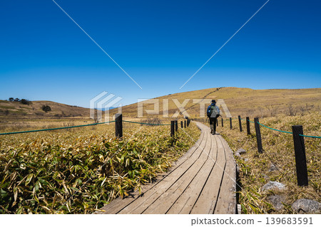 Hikers walking along the beautiful wooden boardwalks of Kirigamine and Kurumayama Plateau under a clear blue sky. Hikers walking along the beautiful wooden boardwalks of Kirigamine and Kurumayama Plateau under a clear blue sky. 139683591