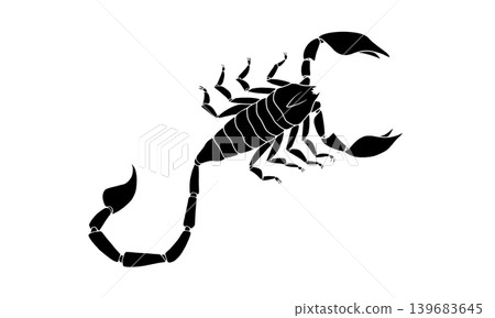 一張從上方俯視的蝎子黑白插圖(帶有白色輪廓)。 一張從上方俯視的蝎子黑白插圖(帶有白色輪廓)。 139683645