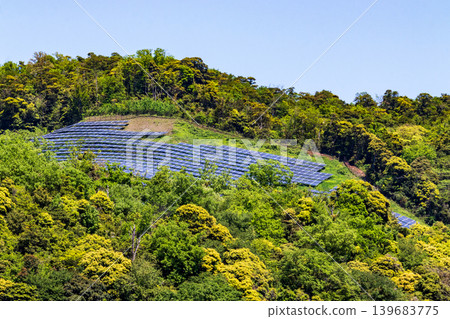 A mega solar power plant in the middle of nature, surrounded by greenery. A mega solar power plant in the middle of nature, surrounded by greenery. 139683775