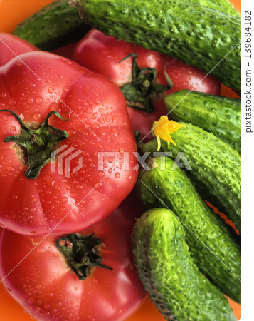 Fresh Tomatoes And Cucumbers Close Composition Fresh Tomatoes And Cucumbers Close Composition 139684182