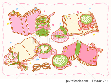 Coquette Whimsy Girly Matcha Latte and Book Bookish Whimsical Hand Drawn sketchy doodle set Coquette Whimsy Girly Matcha Latte and Book Bookish Whimsical Hand Drawn sketchy doodle set 139684235