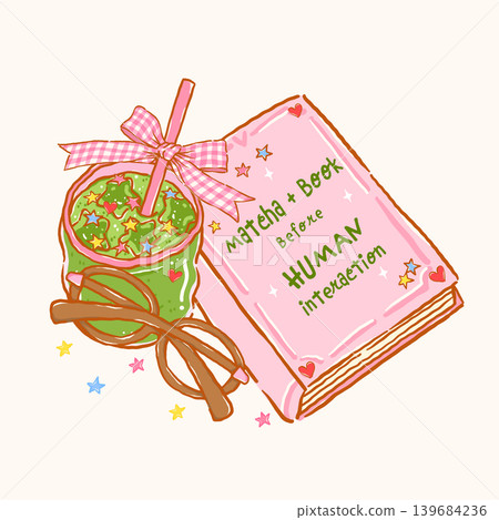 Whimsy girly iced matcha and Book Bookish Coquette Saying quote whimsical hand drawn sketchy doodle Whimsy girly iced matcha and Book Bookish Coquette Saying quote whimsical hand drawn sketchy doodle 139684236