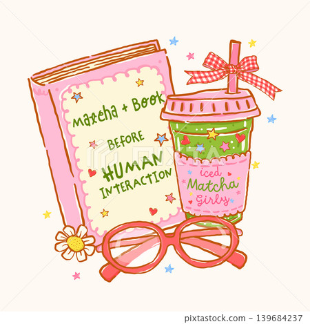 Whimsy Girly Iced Matcha and Book Coquette Bookish Saying Quote Whimsical Hand Drawn sketchy doodle 139684237