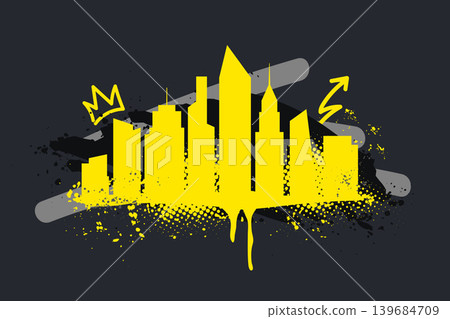 graffiti style yellow skyline metropolis city background with grunge paint splatter 139684709