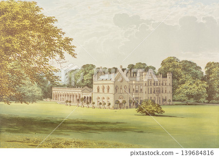 Antique illustration "British aristocratic mansion" "Wycombe Abbey" circa 19th century Antique illustration "British aristocratic mansion" "Wycombe Abbey" circa 19th century 139684816