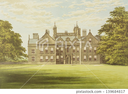 Antique illustration "British Aristocratic Mansion" "Willesley Hall" circa 19th century Antique illustration "British Aristocratic Mansion" "Willesley Hall" circa 19th century 139684817