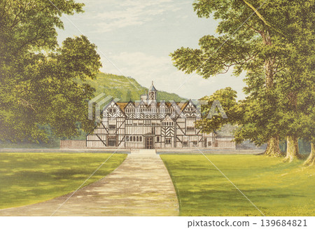 Antique illustration "Meer Hall," a British aristocratic residence, circa 19th century. Antique illustration "Meer Hall," a British aristocratic residence, circa 19th century. 139684821
