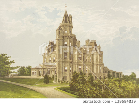 Antique illustration "British Aristocratic Mansion" "Normanhurst" circa 19th century 139684839