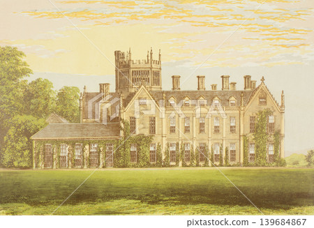 Antique illustration of "Melbury House," a British aristocratic residence, circa 19th century. Antique illustration of "Melbury House," a British aristocratic residence, circa 19th century. 139684867