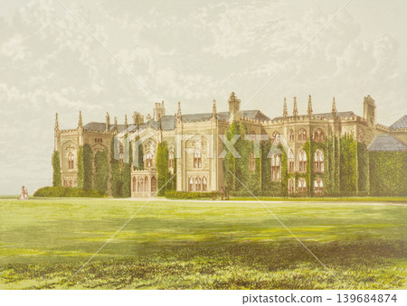 Antique illustration "Combermere Abbey," a British aristocratic residence, circa 19th century. Antique illustration "Combermere Abbey," a British aristocratic residence, circa 19th century. 139684874