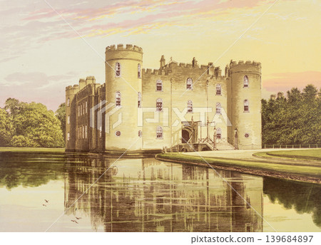 Antique illustration "British aristocratic mansion," circa 19th century Antique illustration "British aristocratic mansion," circa 19th century 139684897