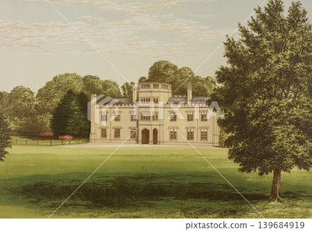 Antique illustration "British aristocratic mansion," circa 19th century 139684919