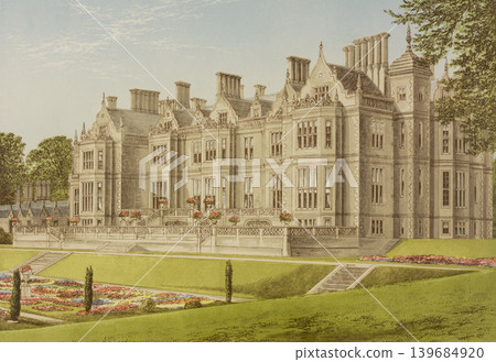Antique illustration "British aristocratic mansion," circa 19th century Antique illustration "British aristocratic mansion," circa 19th century 139684920