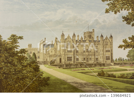 Antique illustration "British aristocratic mansion," circa 19th century Antique illustration "British aristocratic mansion," circa 19th century 139684921