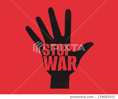 black hand silhouette with stop war text on red background black hand silhouette with stop war text on red background 139685055
