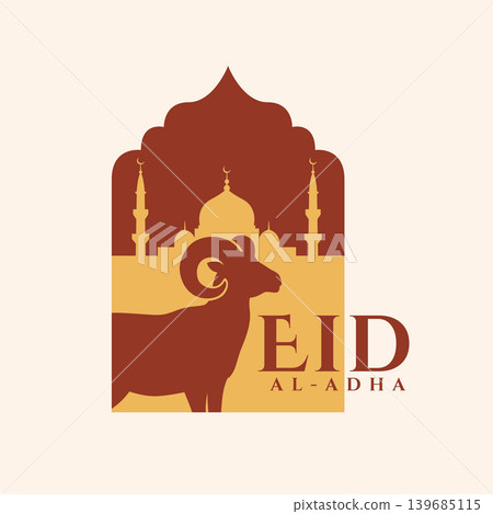 eid al adha greeting card with ram silhouette and mosque background eid al adha greeting card with ram silhouette and mosque background 139685115