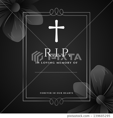 rest in peace funeral announcement dark template with cross and black flowers 139685295
