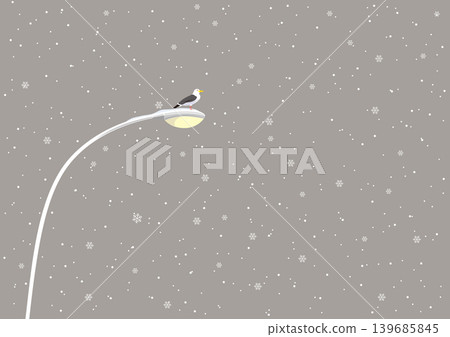 一幅描繪海鷗、路燈和雪花的插圖。 139685845