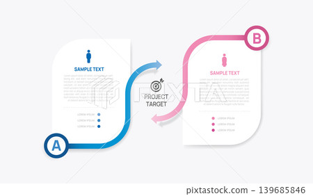 Venn diagram business infographic circle chart template 2 options, presentation with arrow line Circular diagram elements vector illustration. Venn diagram business infographic circle chart template 2 options, presentation with arrow line Circular diagram elements vector illustration. 139685846