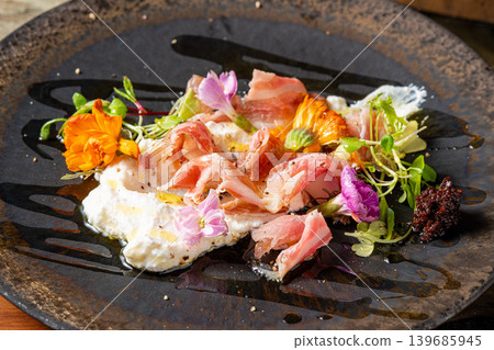 Prosciutto and cheese: A popular appetizer plate that pairs well with wine. Prosciutto and cheese: A popular appetizer plate that pairs well with wine. 139685945