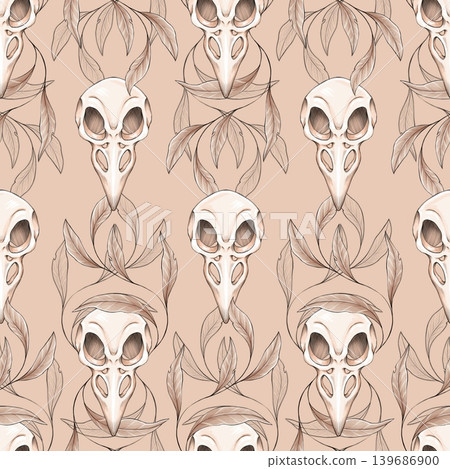 Seamless pattern featuring hand-drawn bird skulls and elegant leaves on a light beige background. Design has a gothic style and is perfect for mysterious or Halloween projects. Seamless pattern featuring hand-drawn bird skulls and elegant leaves on a light beige background. Design has a gothic style and is perfect for mysterious or Halloween projects. 139686900