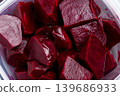 Chopped boiled beetroot in a plastic container. A healthy nutritious vegetable product. Top view 139686933