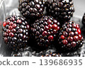 Dark ripe blueberries in a clear plastic market pack. Close-up shot. 139686935