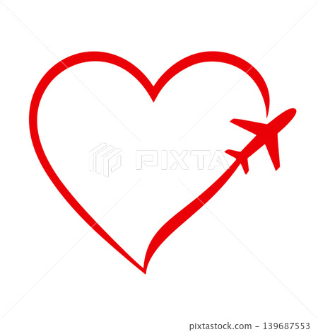 Abstract Red Hand Drawn Heart Shape Outline With Airplane Flying Through its Contour Abstract Red Hand Drawn Heart Shape Outline With Airplane Flying Through its Contour 139687553