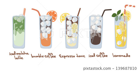 Summer Drinks Set. Matcha Coffee Lemonade Espresso 139687810