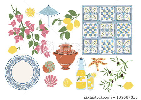 Amalfi Coast Set. Lemon Olive Ceramic Tile Shell Amalfi Coast Set. Lemon Olive Ceramic Tile Shell 139687813