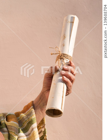 Male hand holding an old scroll Male hand holding an old scroll 139688704