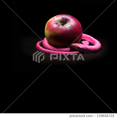 The snake lies near the apple 139688728