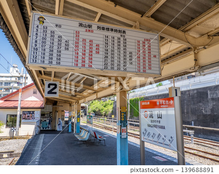 Timetable and platform number displayed on the platform at Nagareyama Station on the Ryutetsu Nagareyama Line. Timetable and platform number displayed on the platform at Nagareyama Station on the Ryutetsu Nagareyama Line. 139688891