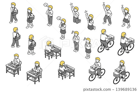 Isometric illustration: A set of middle school boys and girls in various poses (summer uniforms) Isometric illustration: A set of middle school boys and girls in various poses (summer uniforms) 139689136