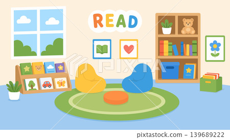 Kids reading corner, empty literacy center in kindergarten with bookshelves and bean bags, flat vector illustration Kids reading corner, empty literacy center in kindergarten with bookshelves and bean bags, flat vector illustration 139689222