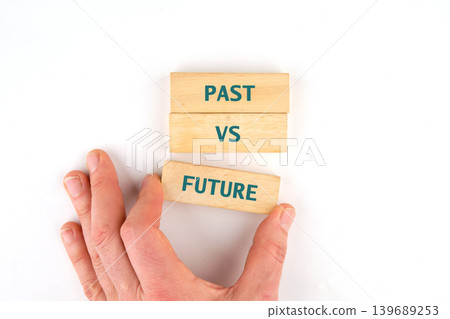 A persons hand carefully places a wooden block with FUTURE text A persons hand carefully places a wooden block with FUTURE text 139689253