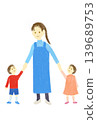 Smiling young woman, boy and girl holding hands Smiling young woman, boy and girl holding hands 139689753