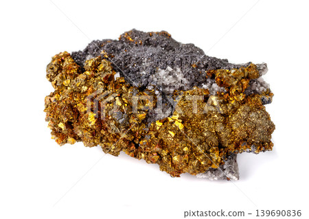 Macro mineral stone  Chalcopyrite on a white background 139690836