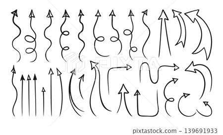 Hand drawn arrow icon set doodle sketch curved swirly looped straight directional signs collection. 139691933