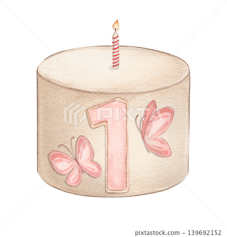 Birthday cake with number one candle and pink butterflies. Watercolor illustration on white background. Ideal for first birthday, invitations, posters, packaging, baby shower, design. Birthday cake with number one candle and pink butterflies. Watercolor illustration on white background. Ideal for first birthday, invitations, posters, packaging, baby shower, design. 139692152