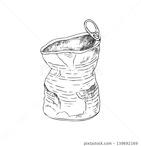 Vector Crumpled empty open tin can. Graphic hand drawn heavily wrinkled metal illustration isolated on background. Zero waste, sustainable living concept. For designer, Eco-Friendly, planting or Vector Crumpled empty open tin can. Graphic hand drawn heavily wrinkled metal illustration isolated on background. Zero waste, sustainable living concept. For designer, Eco-Friendly, planting or 139692169