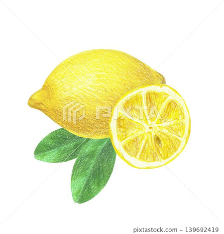 Hand drawn illustration with a yellow lemon, a half of a lemon and two green leaves. Yellow lemon on a white background for graphic design. Isolated colored pencil illustration on white background. Hand drawn illustration with a yellow lemon, a half of a lemon and two green leaves. Yellow lemon on a white background for graphic design. Isolated colored pencil illustration on white background. 139692419