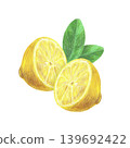 Hand drawn illustration with two halfs of a lemon and two green leaves. Yellow lemon on a white background for graphic design. Isolated colored pencil illustration on white background. 139692422