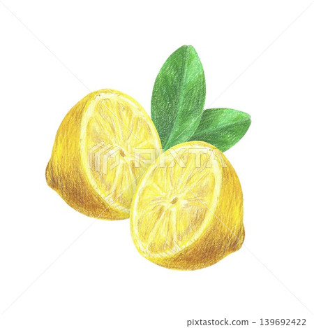 Hand drawn illustration with two halfs of a lemon and two green leaves. Yellow lemon on a white background for graphic design. Isolated colored pencil illustration on white background. Hand drawn illustration with two halfs of a lemon and two green leaves. Yellow lemon on a white background for graphic design. Isolated colored pencil illustration on white background. 139692422